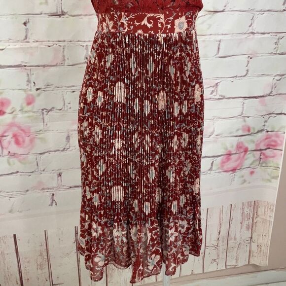 Plenty Anthropologie Women's Arcadia Accordion Pleated Laced Midi Dress Brown Si - Picture 5 of 12